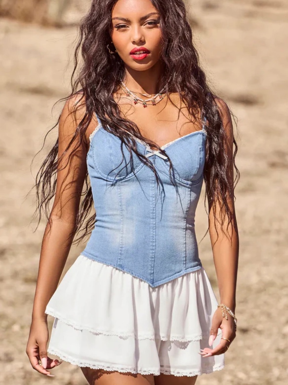 Denim Bustier Mini Dress with White Tiered Skirt